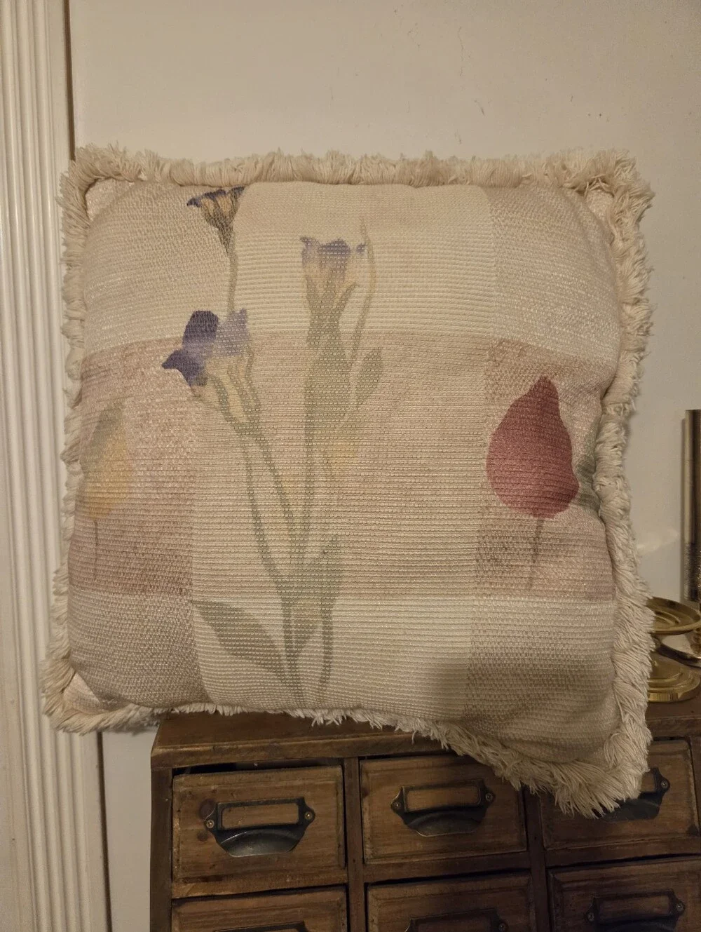 Croscill Cream Throw Pillow with Muted Floral and Fringe